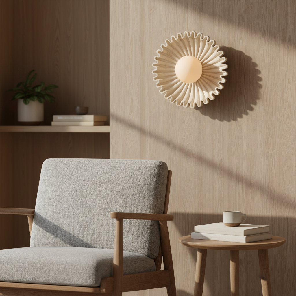 Himawari cream ceramic sunflower wall light above an oak side table beside an armchair