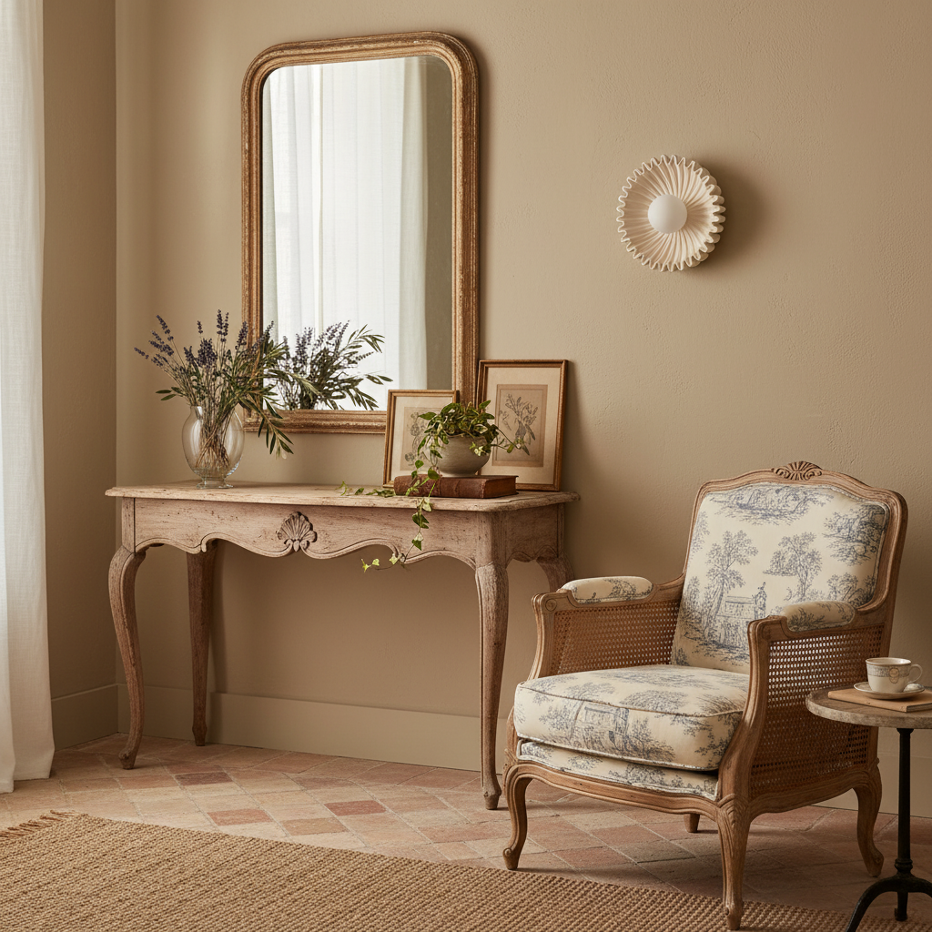 Himawari cream ceramic wall light above a console table in a vintage hallway