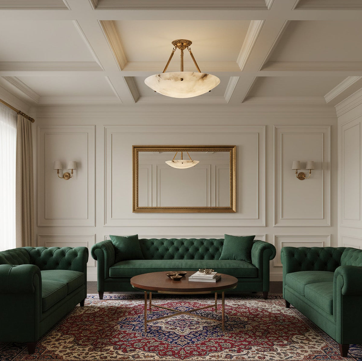Ingrid Retro Alabaster Ceiling Light in a green lounge