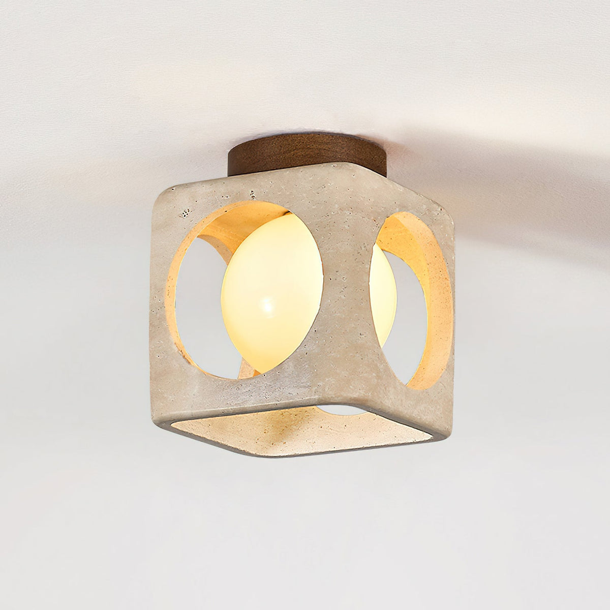 Saga Japandi Travertine Ceiling Light lit angled view