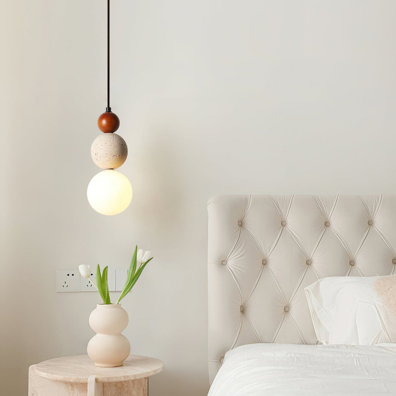 Elegant Glow Cream Stone Bedside Pendant Light