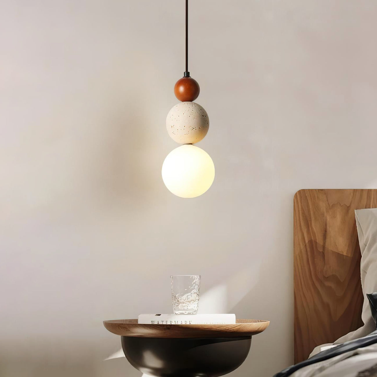 Elegant Glow Cream Stone Bedside Pendant Light