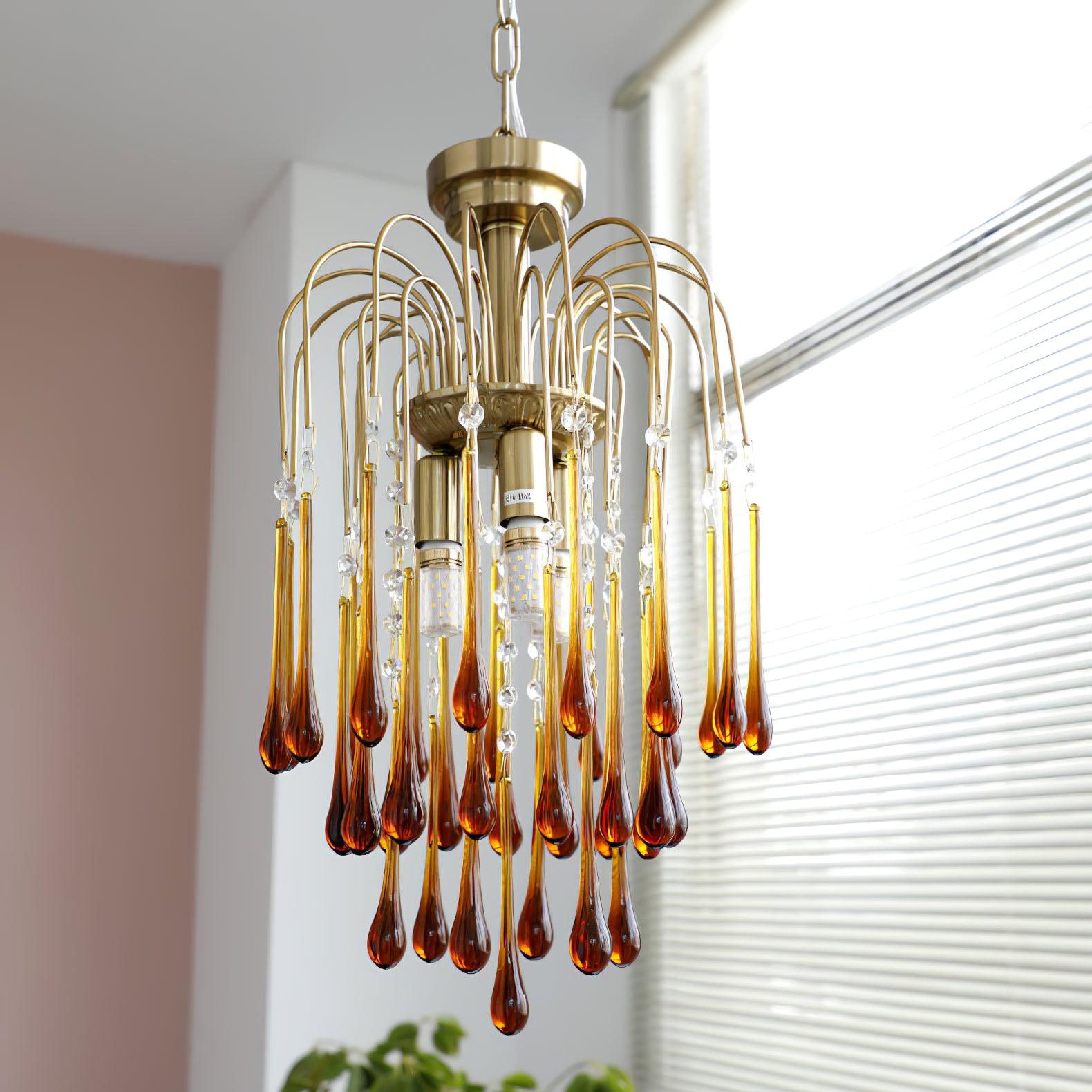 Teardrop Waterfall Crystal Glass Brass Chandelier