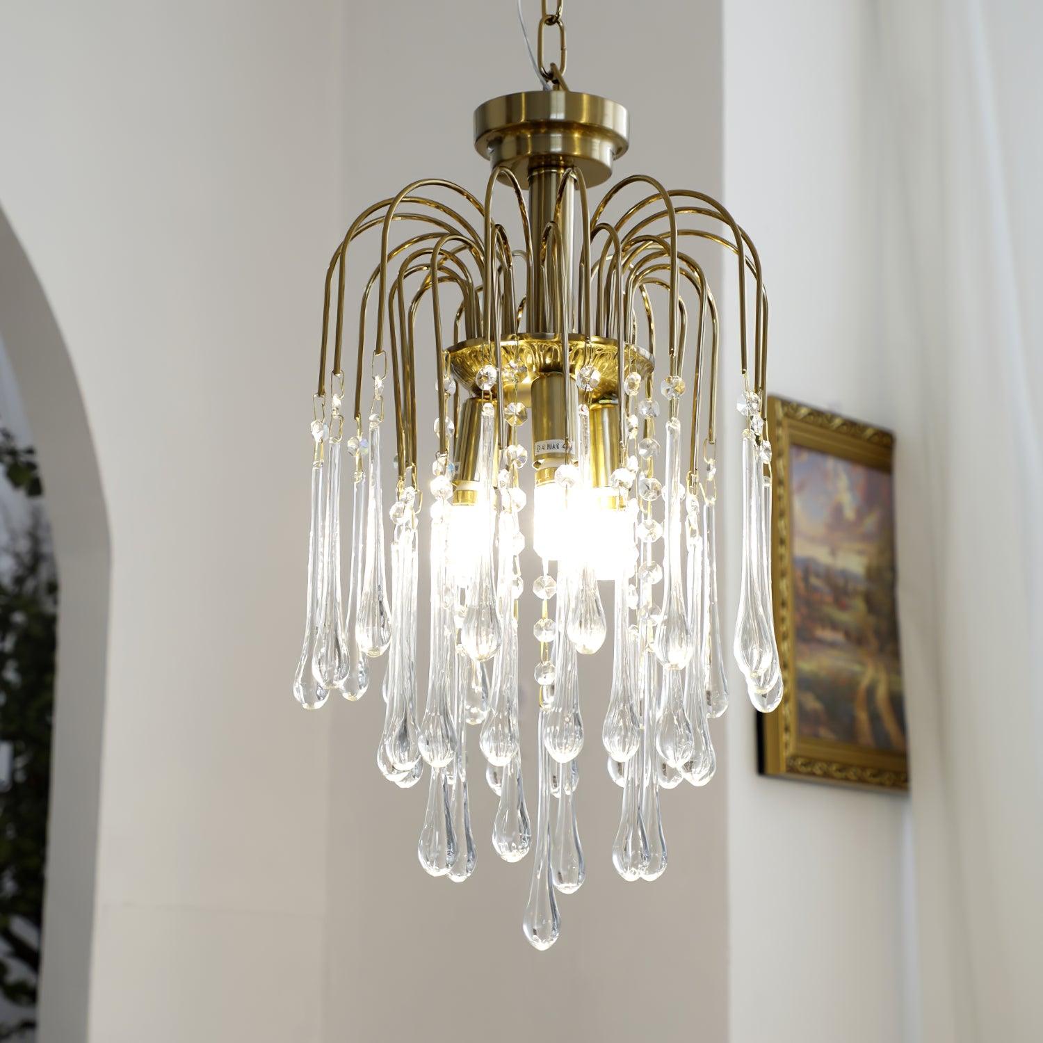 Teardrop Waterfall Crystal Glass Brass Chandelier
