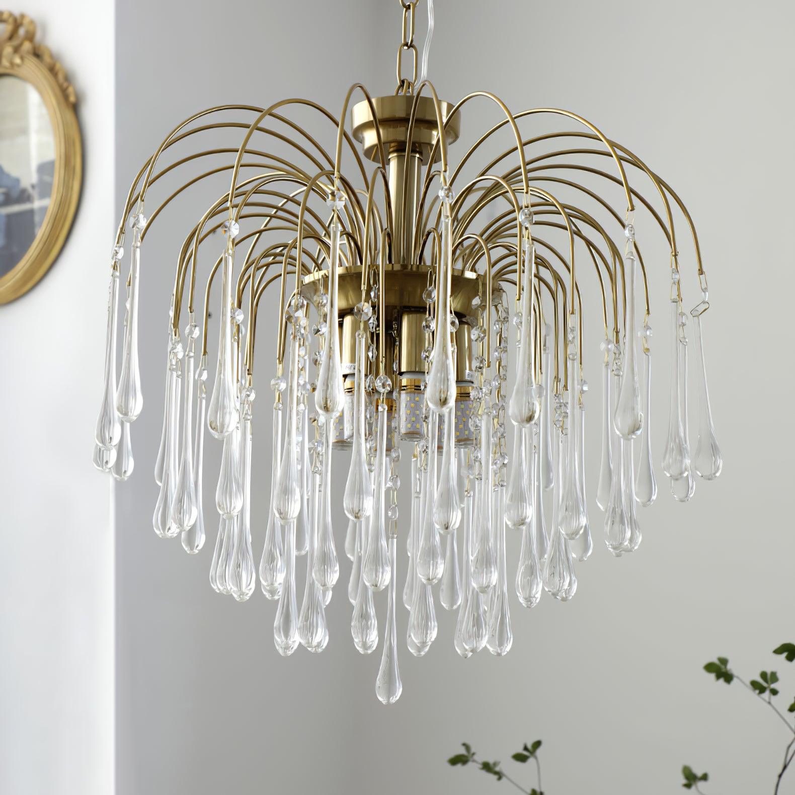 Teardrop Waterfall Crystal Glass Brass Chandelier
