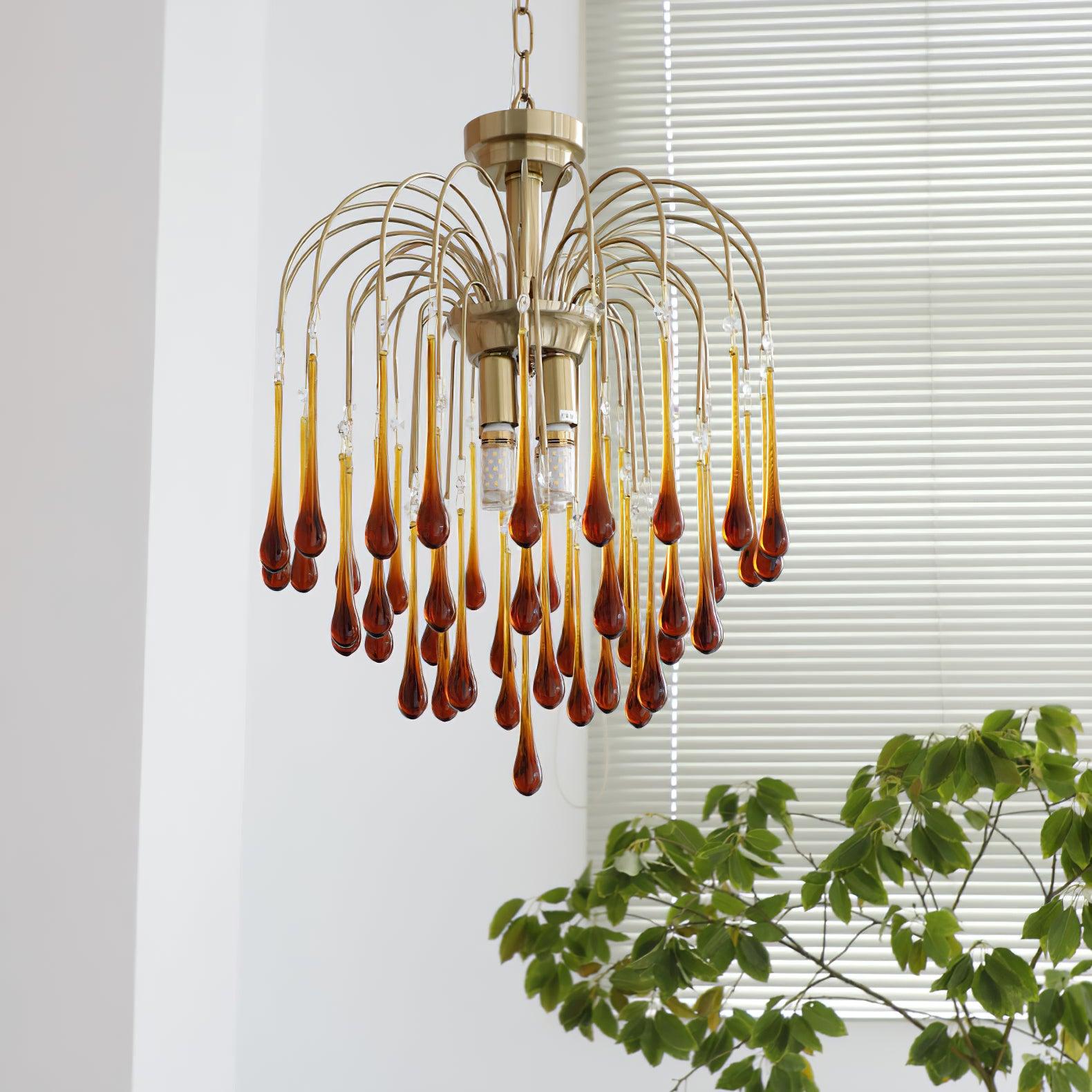 Teardrop Waterfall Crystal Glass Brass Chandelier