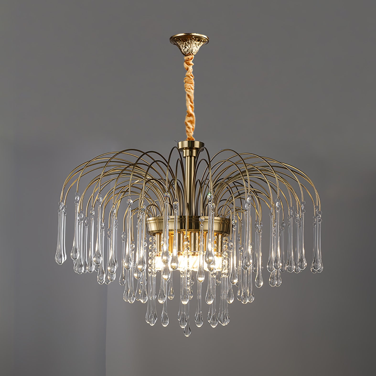 Teardrop Waterfall Crystal Glass Brass Chandelier