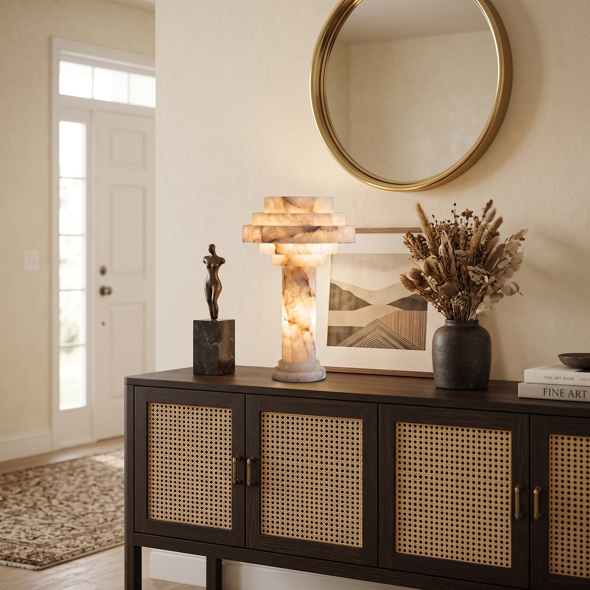 Edda Japandi Alabaster Table Lamp on an entry console