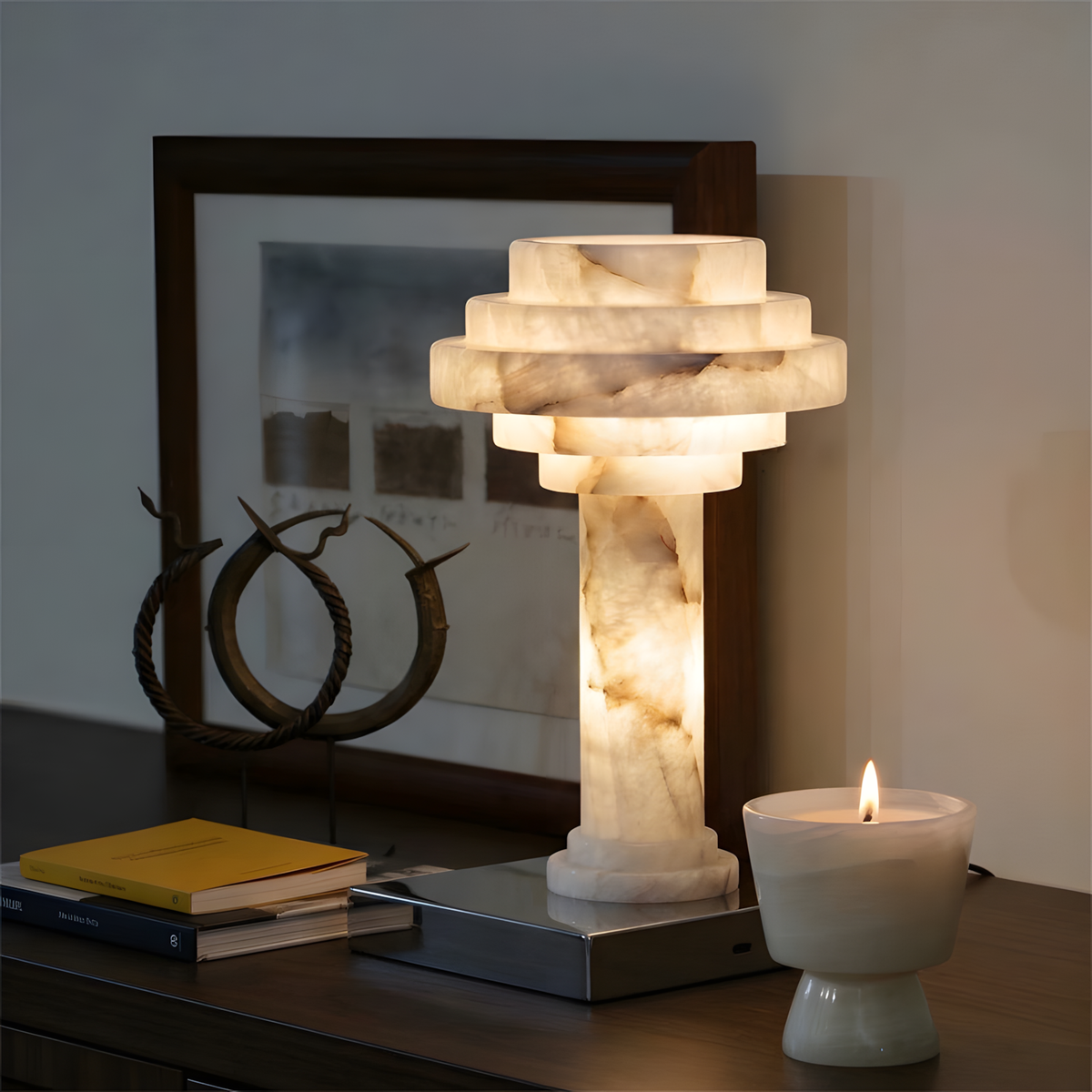 Edda Japandi Alabaster Table Lamp alabaster veining lit
