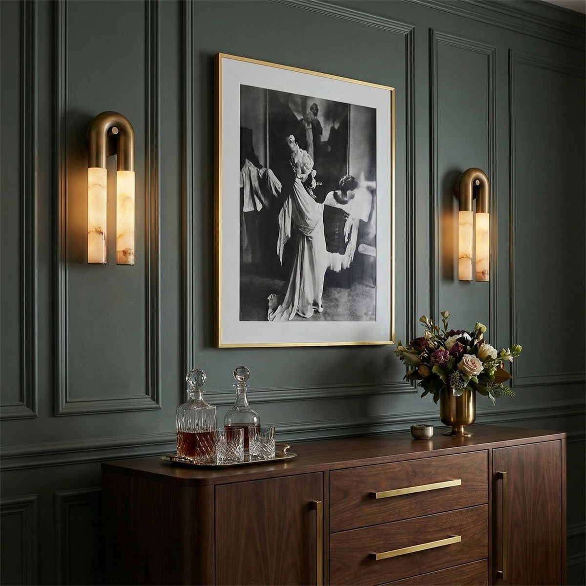 Thea Nordic Alabaster Wall Light flanking artwork