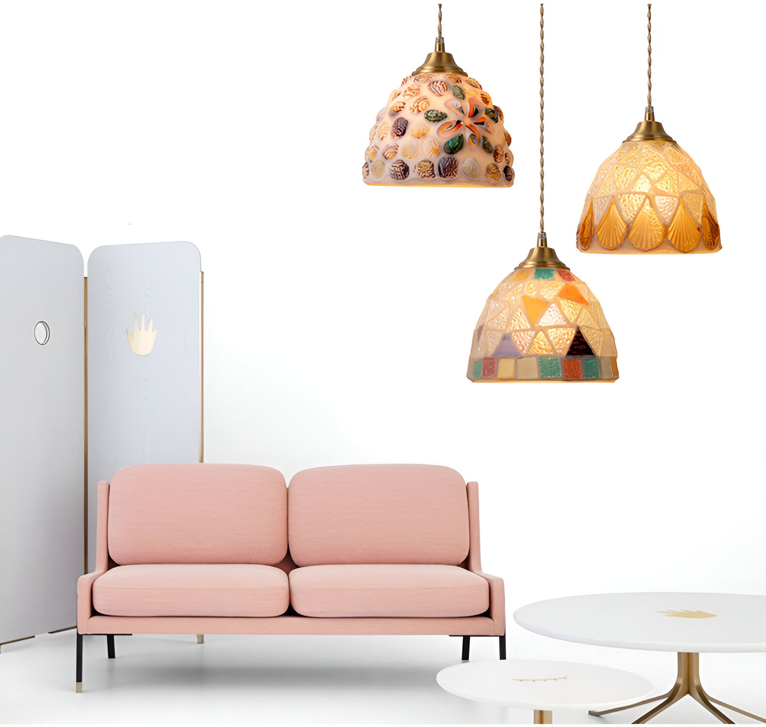 Retro Colorful Natural Shell Handcrafted Brass Pendant Light