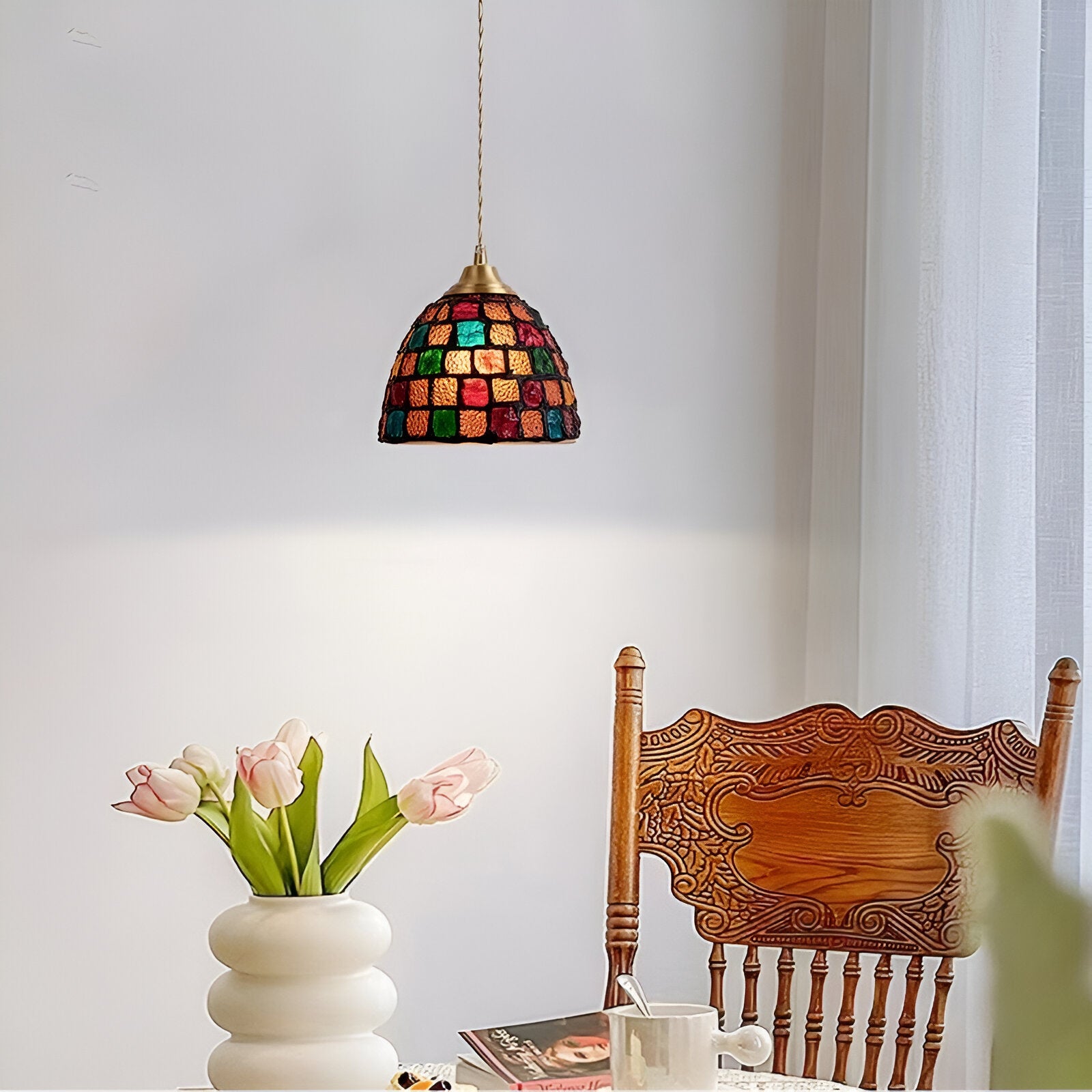 Retro Colorful Natural Shell Handcrafted Brass Pendant Light