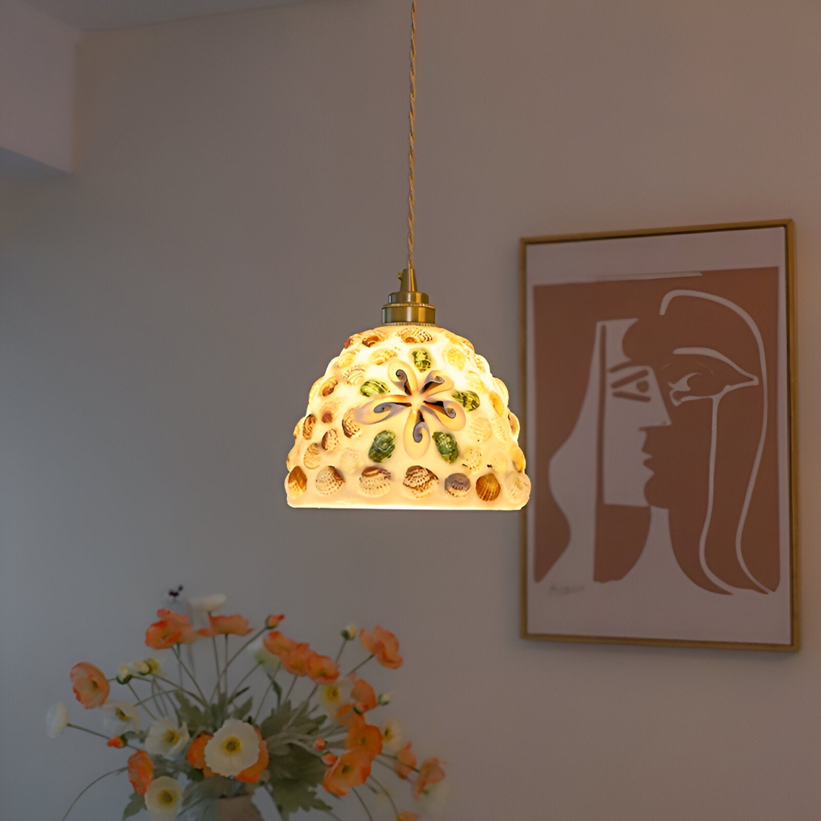 Retro Colorful Natural Shell Handcrafted Brass Pendant Light