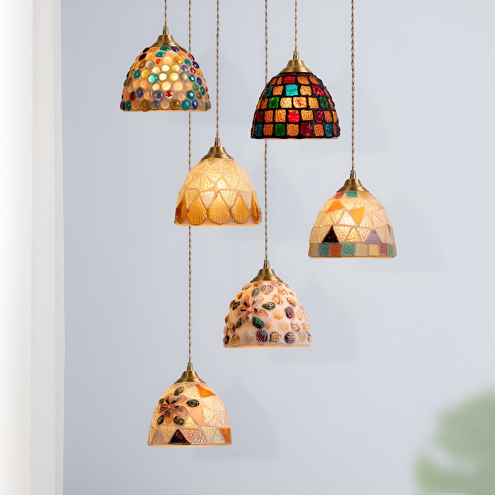 Retro Colorful Natural Shell Handcrafted Brass Pendant Light