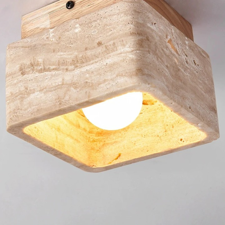 Square Travertine Stone & Wood LED Ceiling Fixture