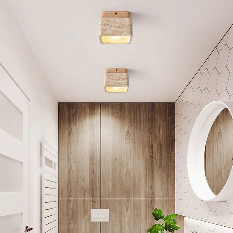 Square Travertine Stone & Wood LED Ceiling Fixture