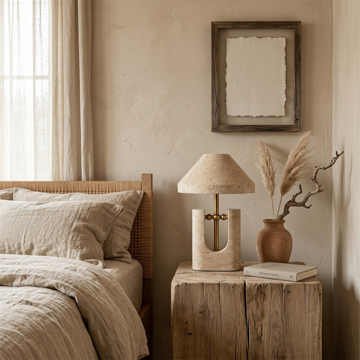 Liv Japandi Travertine Table Lamp beside a bed