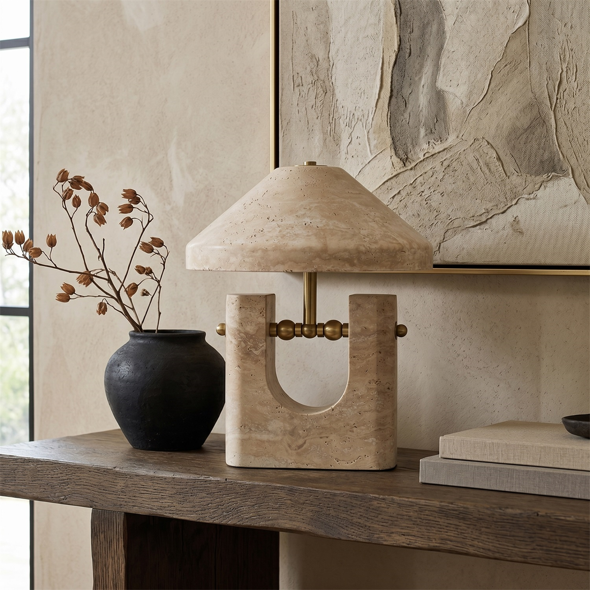 Liv Japandi Travertine Table Lamp on a console
