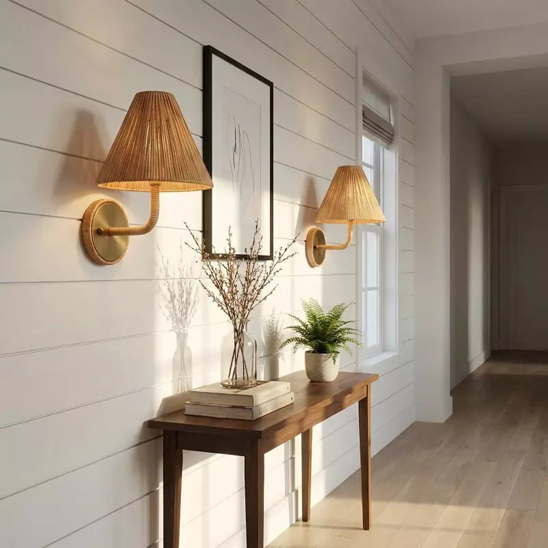 Kaiya Geflochtene Rattan-Kegel Boho-Wandleuchte