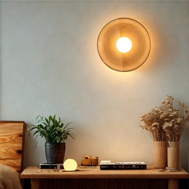 Solid Wood Circle Japandi Wall Light