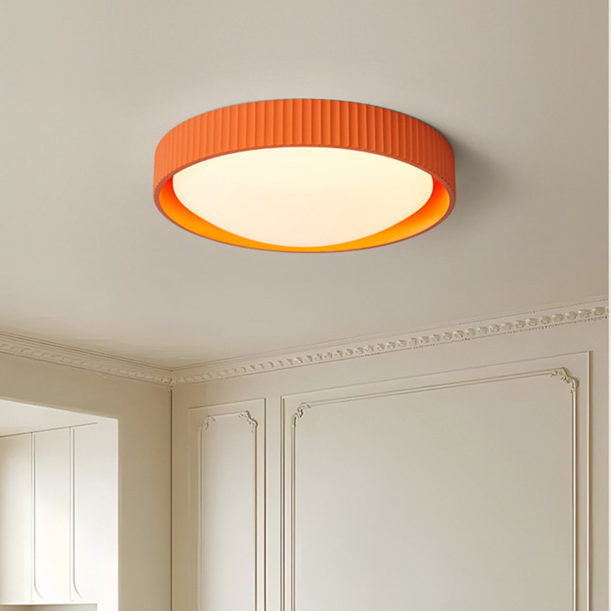 Hida terracotta ceiling light in a panelled bedroom