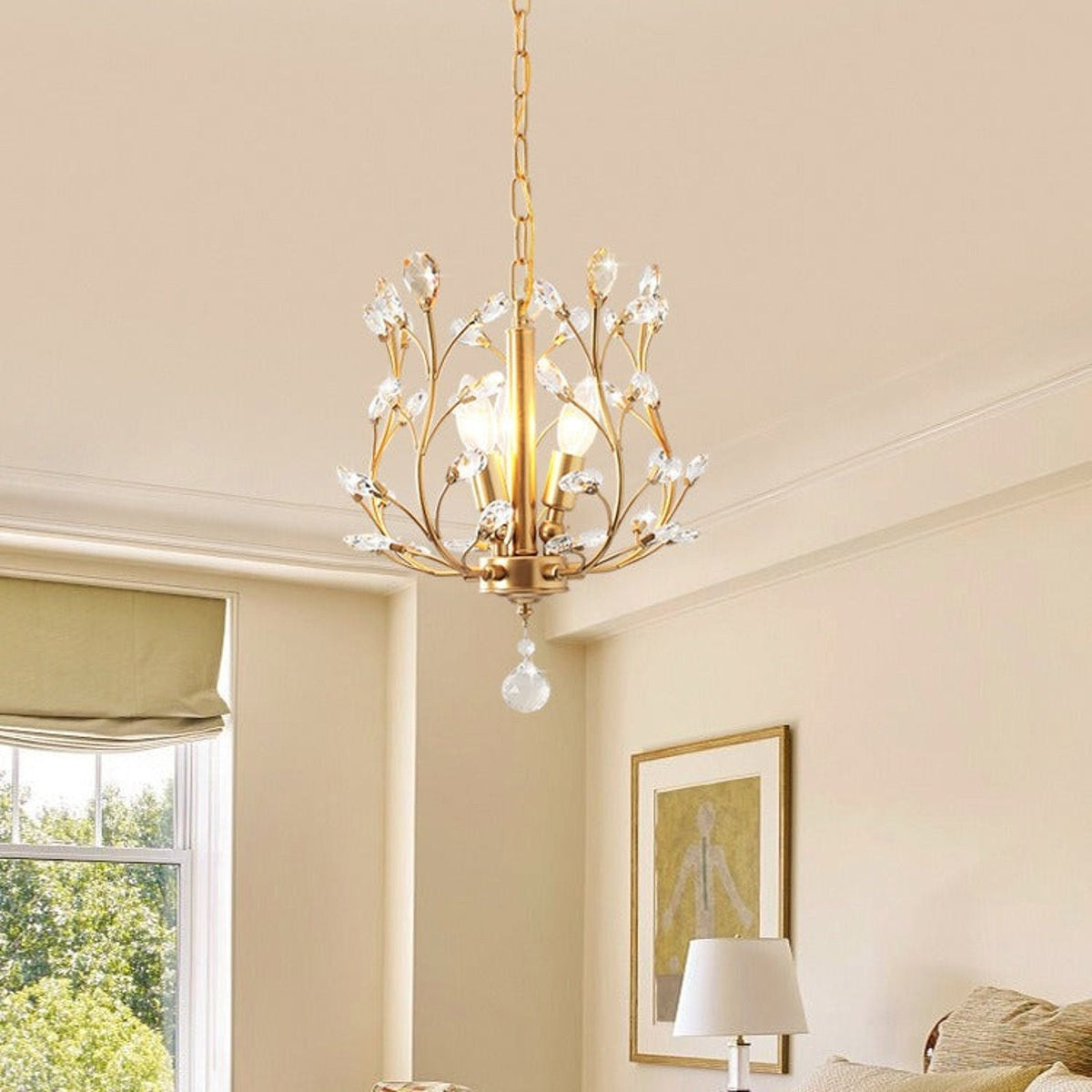 Ivy gold crystal pendant in a sitting room