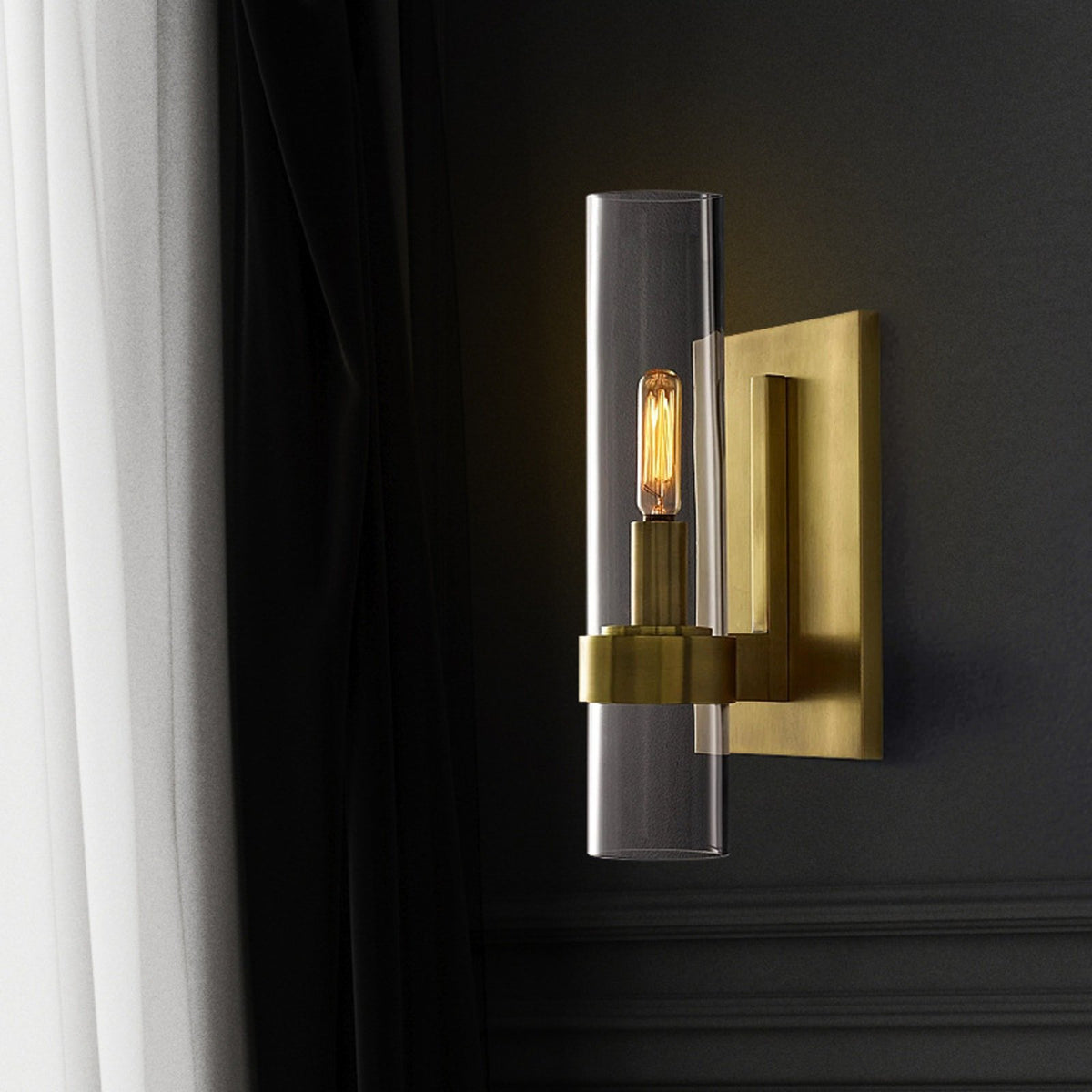 Tessa brass wall light beside linen curtains