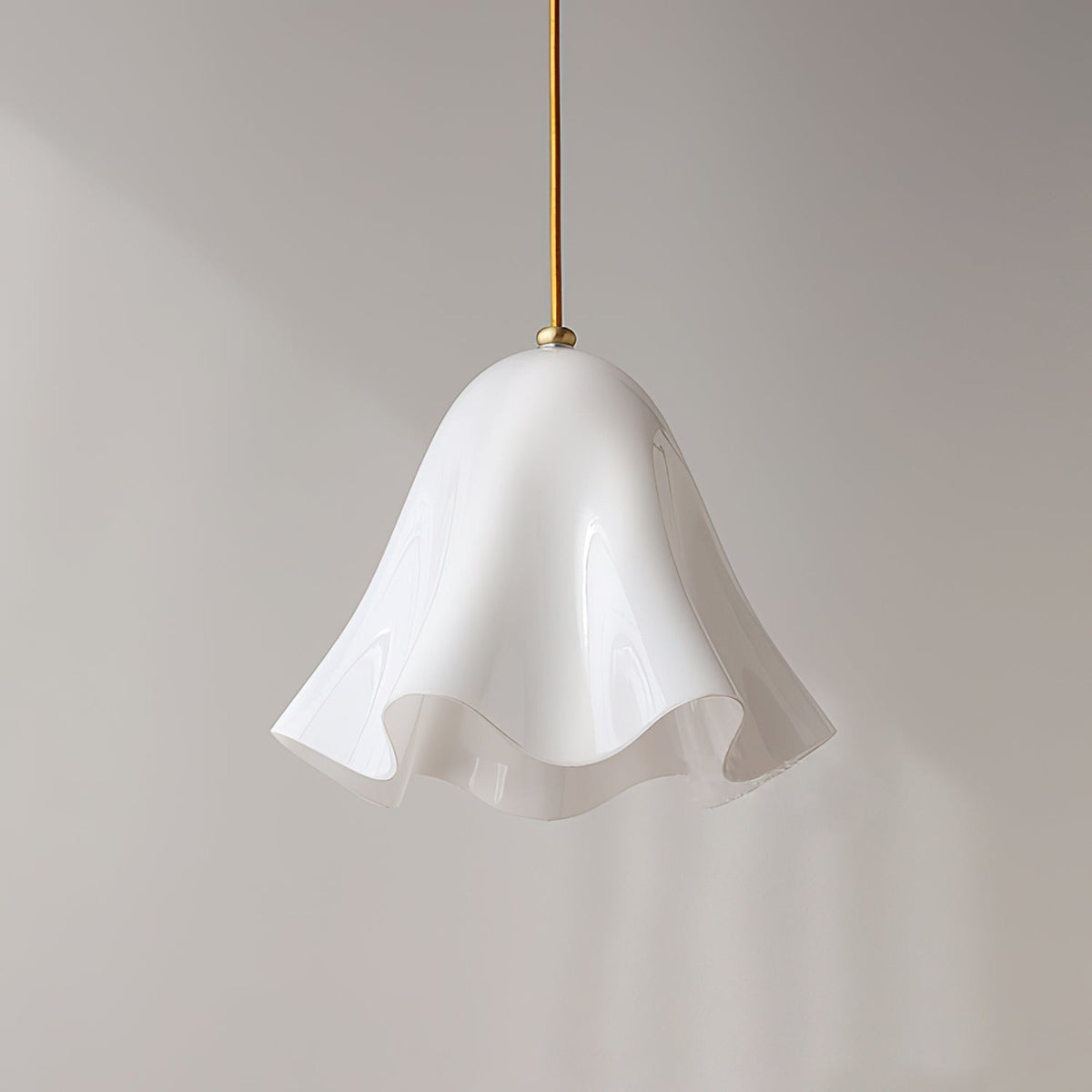 White glass skirt pendant light close up