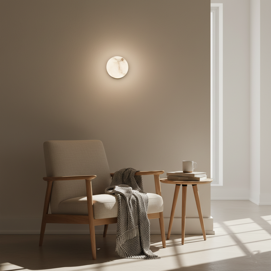 Alabaster wall light in a quiet reading corner with a chair and side table