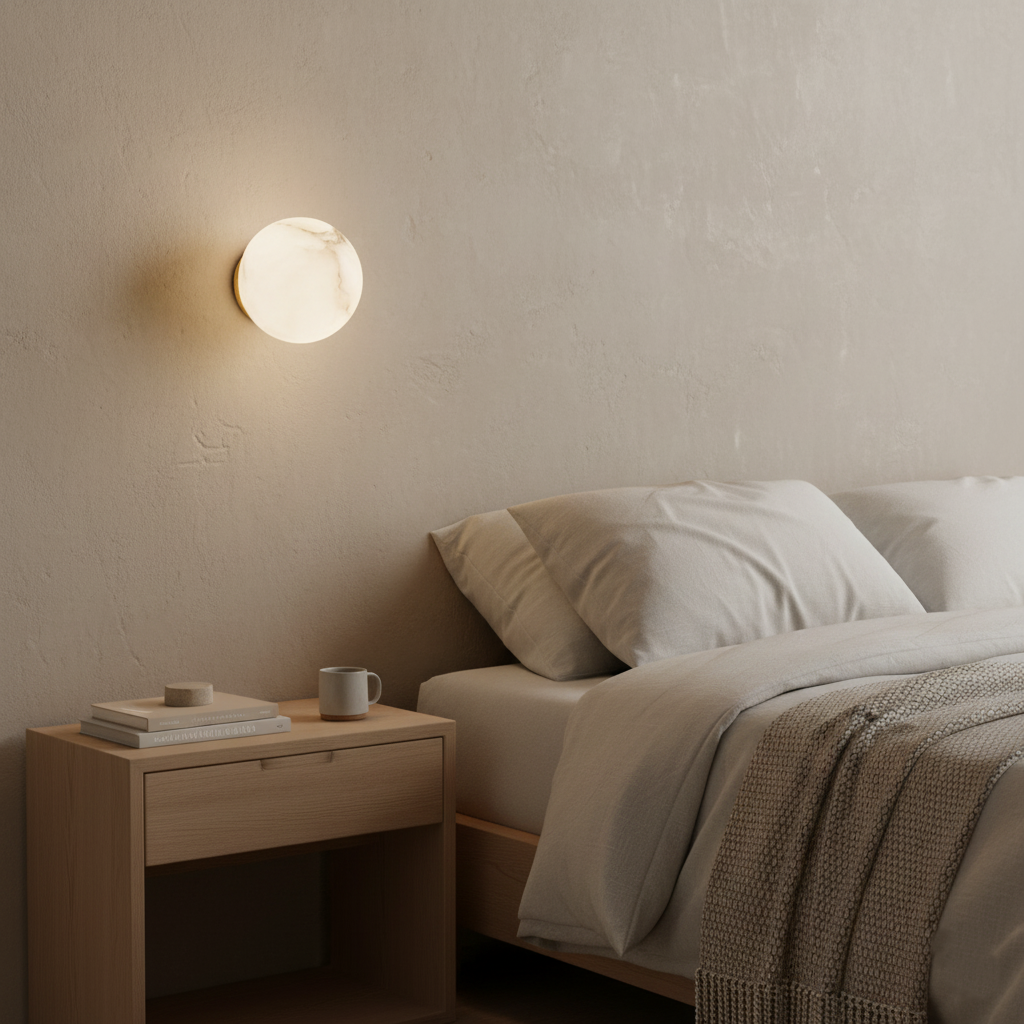 Alabaster bedside wall light beside a bed and bedside table