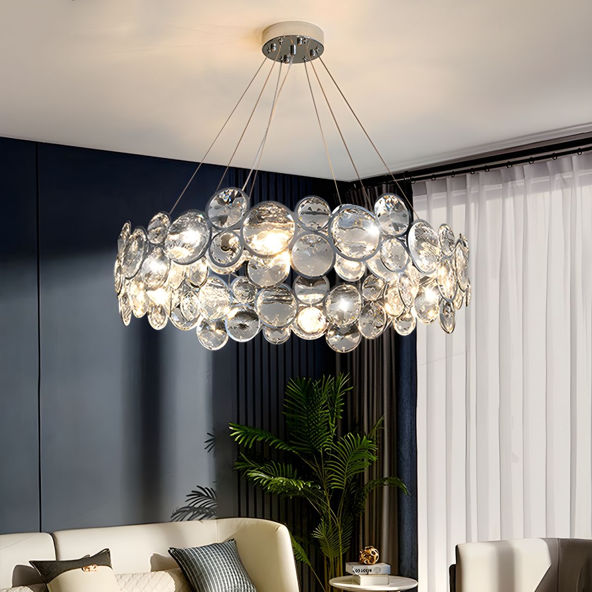 Crystal Shade Elegant Chrome One-Tier Chandelier