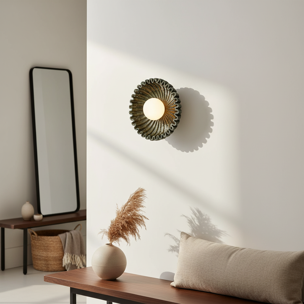 Himawari Indian green ceramic wall light beside a tall mirror in an entry