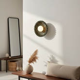 Himawari Indian green ceramic wall light beside a tall mirror in an entry
