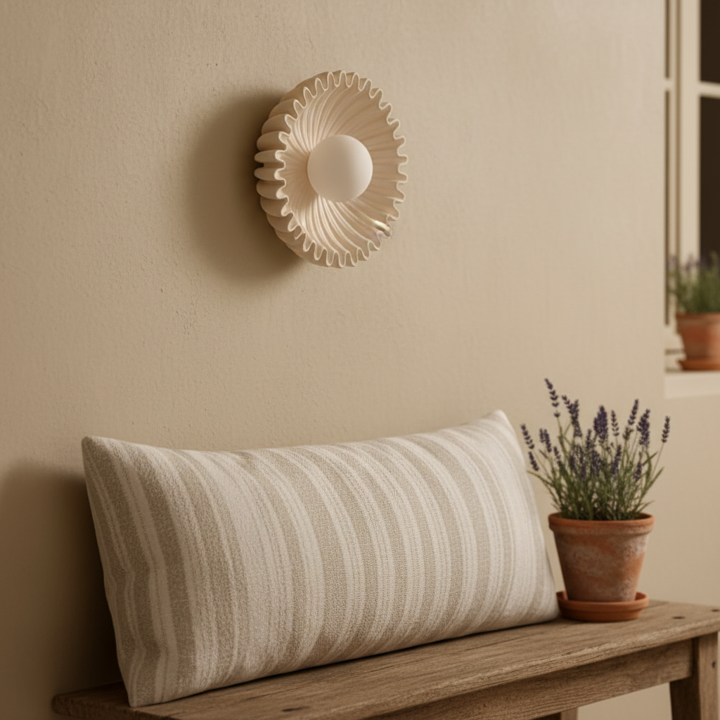 Himawari cream ceramic wall light above a timber bench with a linen cushion