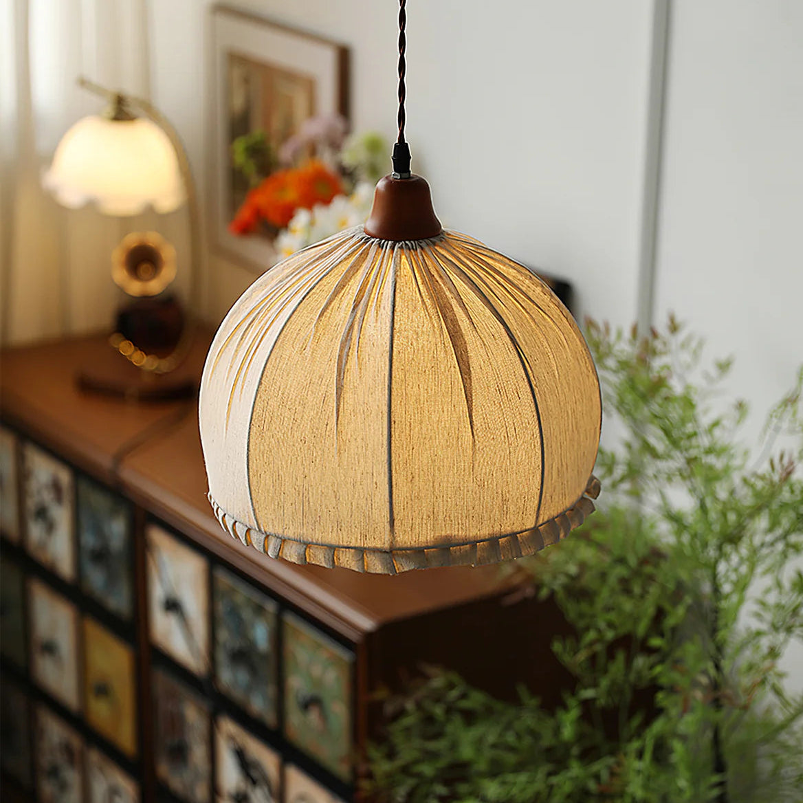 Tally Wood Japandi Linen Pendant Light