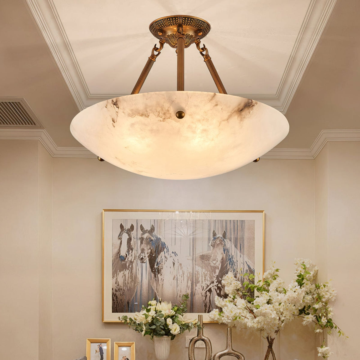Ingrid Retro Alabaster Ceiling Light in a living room