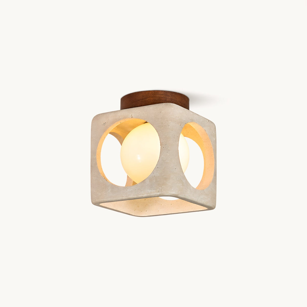 Saga Japandi Travertine Ceiling Light with walnut canopy