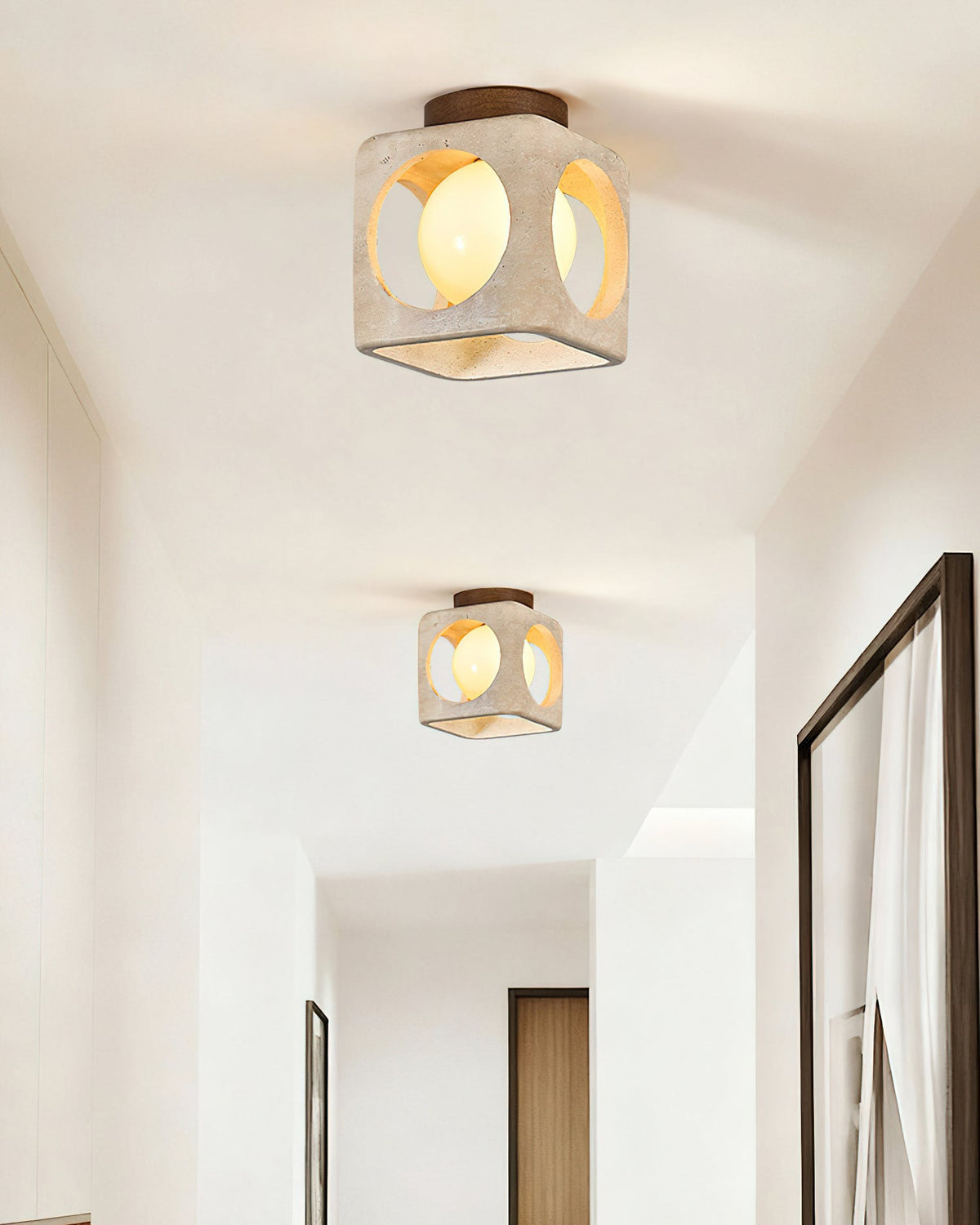Saga Japandi Travertine Ceiling Light row in a hallway
