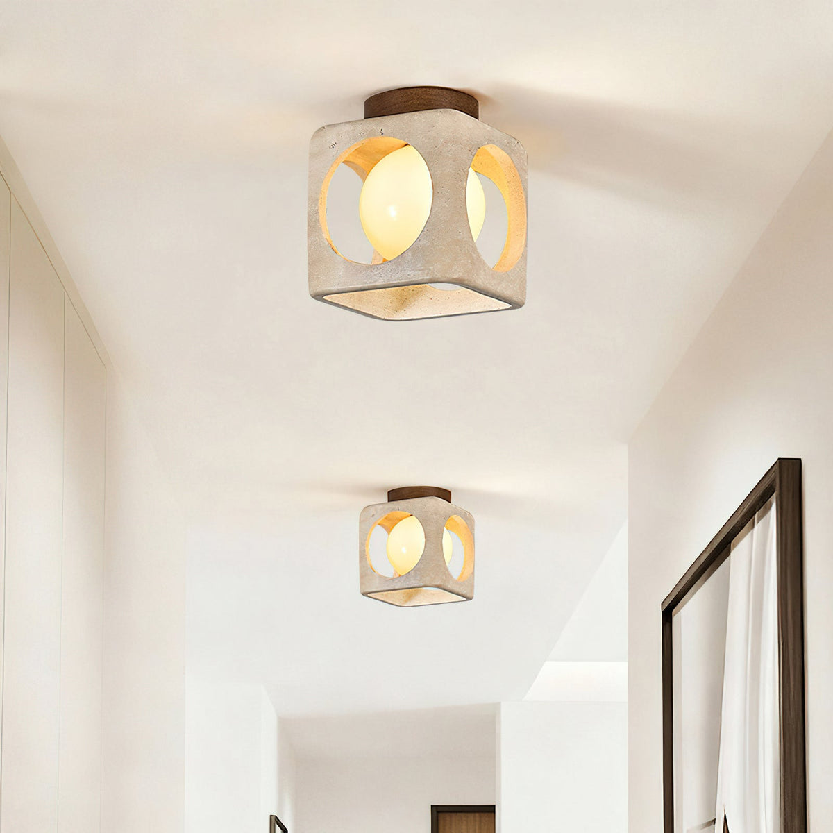 Saga Japandi Travertine Ceiling Light in a corridor