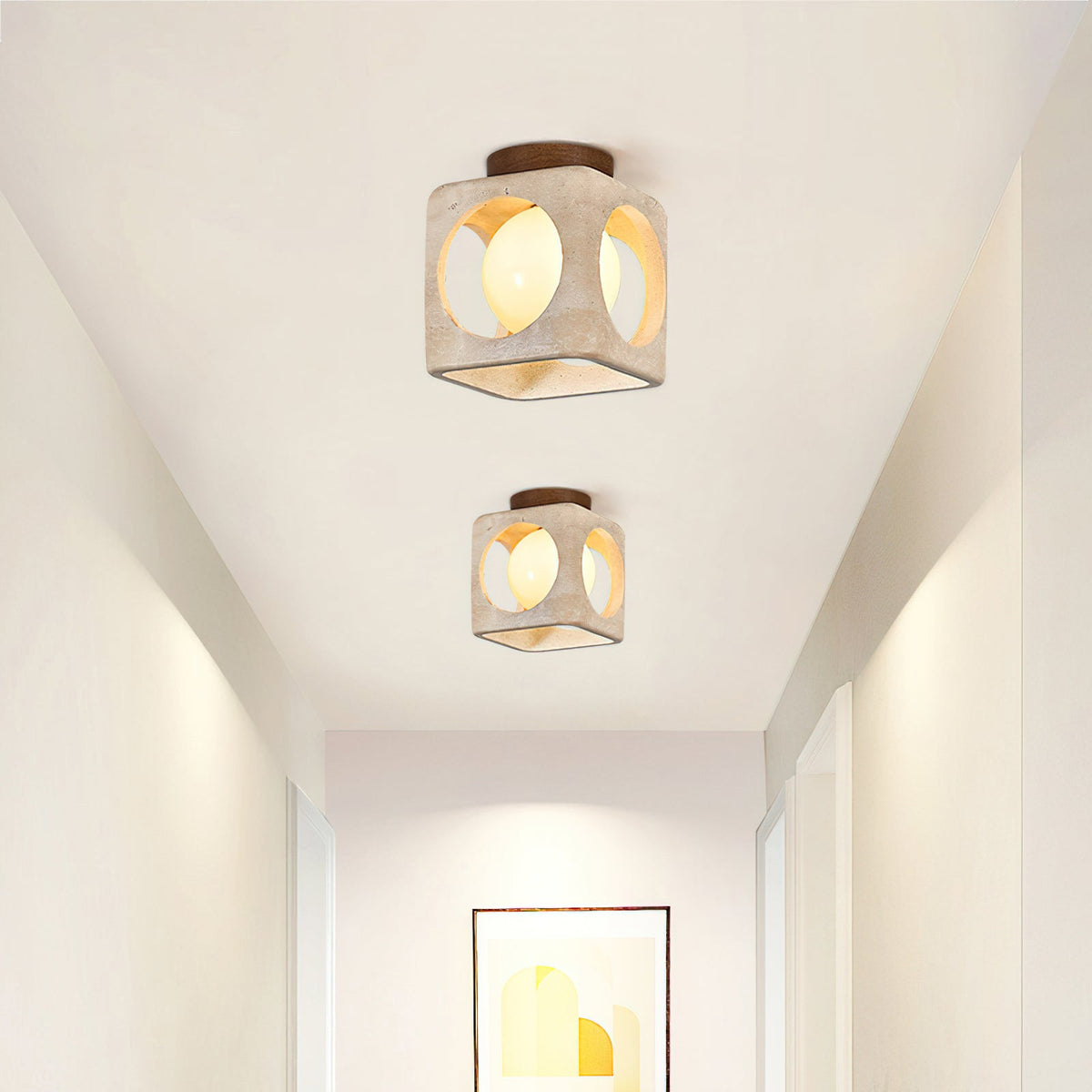 Saga Japandi Travertine Ceiling Light pair in a passage