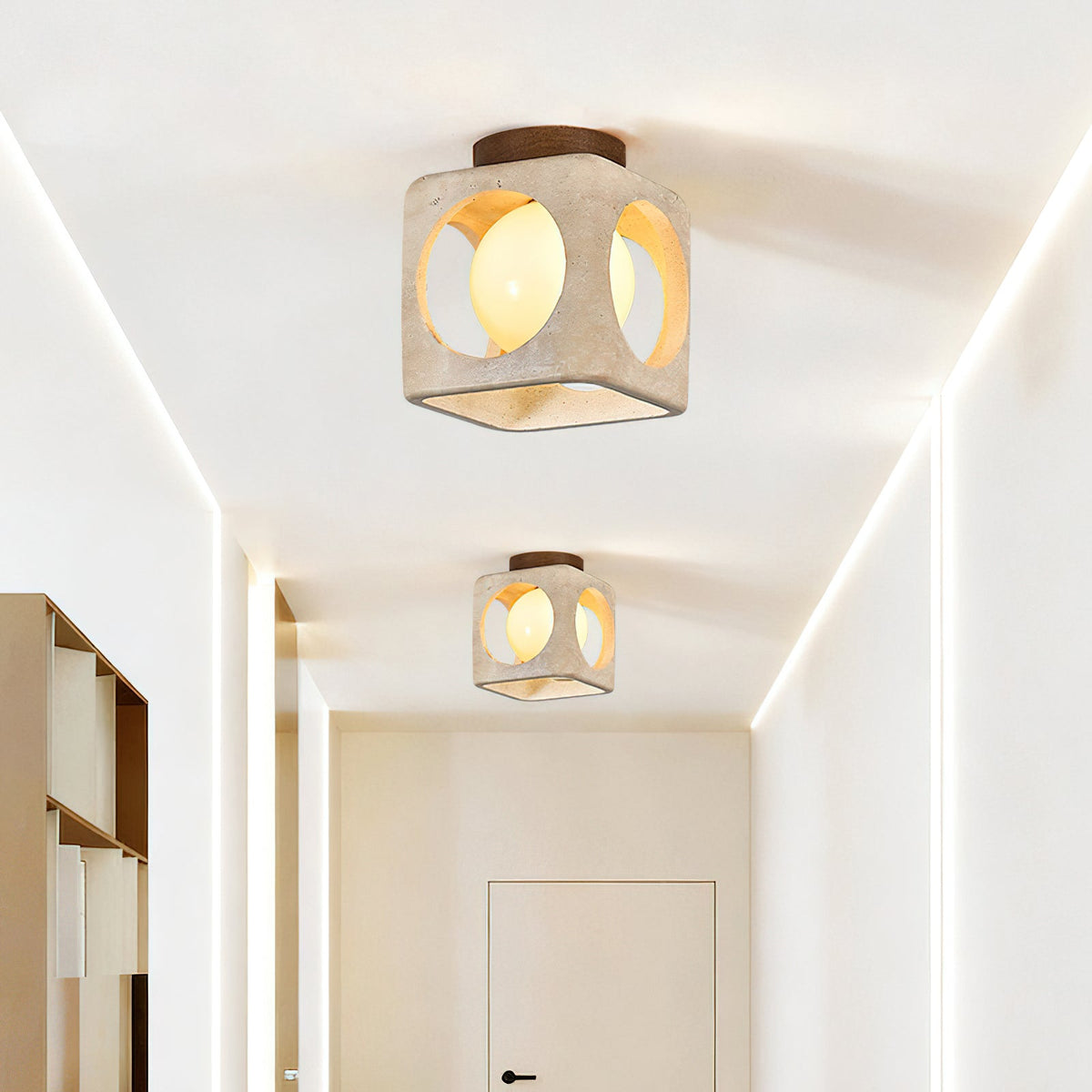 Saga Japandi Travertine Ceiling Light in a hallway