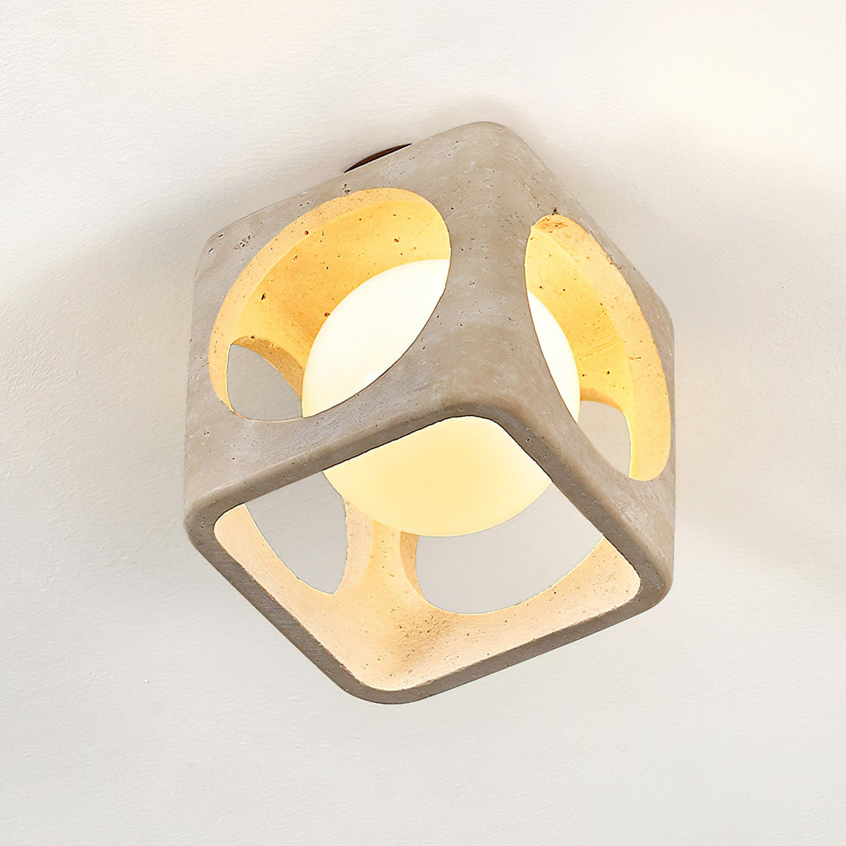 Saga Japandi Travertine Ceiling Light lit from below