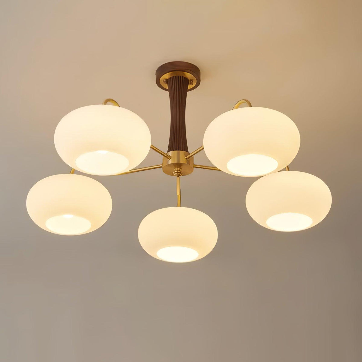 Kaki chandelier in a warm sitting room