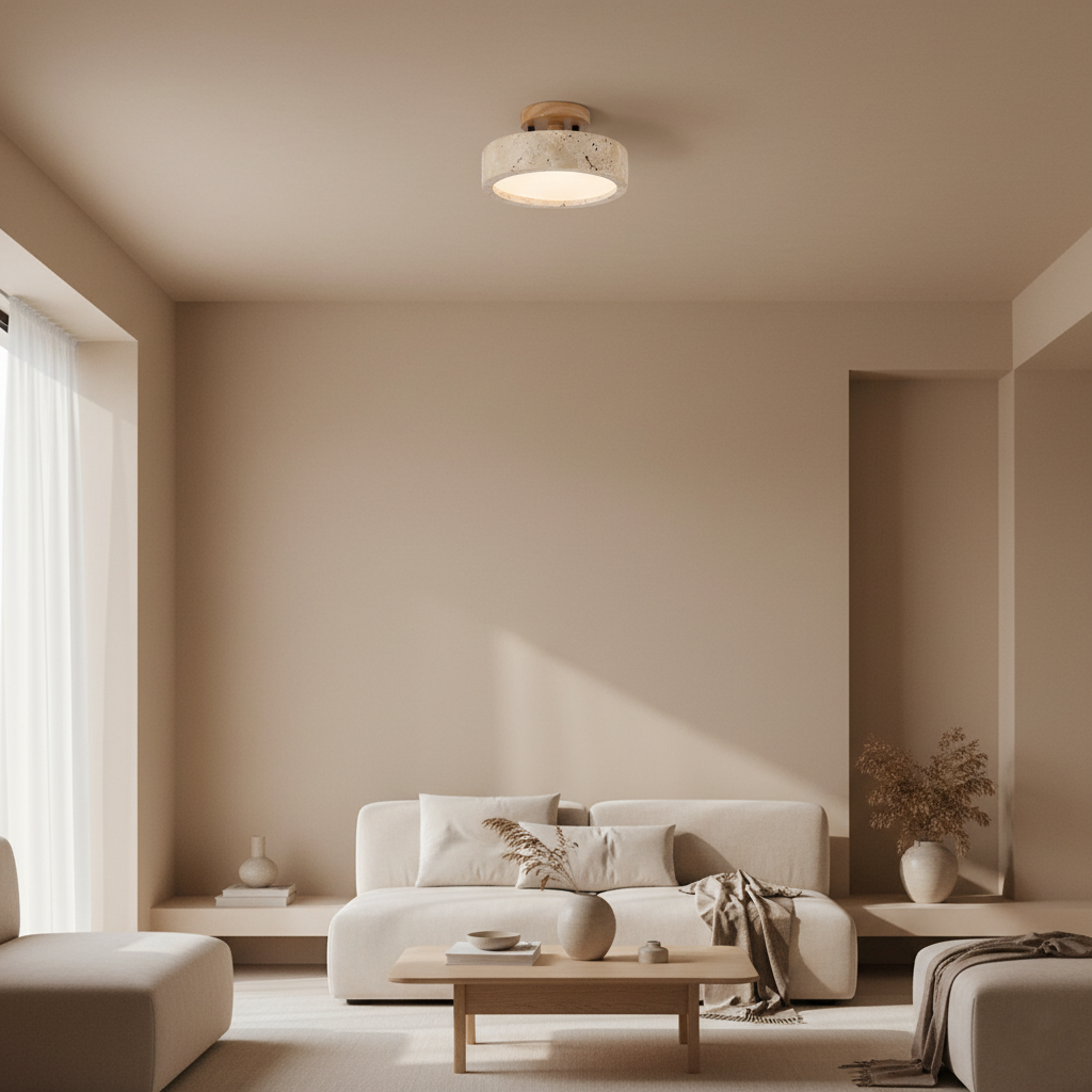 Lampada da soffitto rotonda gialla in travertino a spettro completo