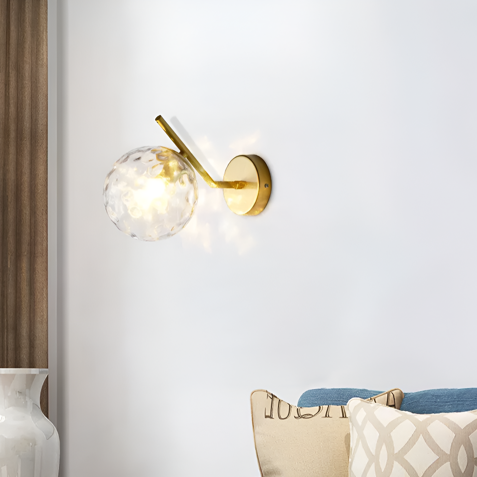 Gold Brass Finished White Glass Ball Shade Wall Lamp