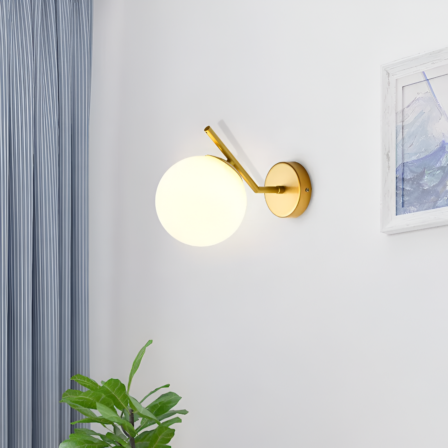 Gold Brass Finished White Glass Ball Shade Wall Lamp