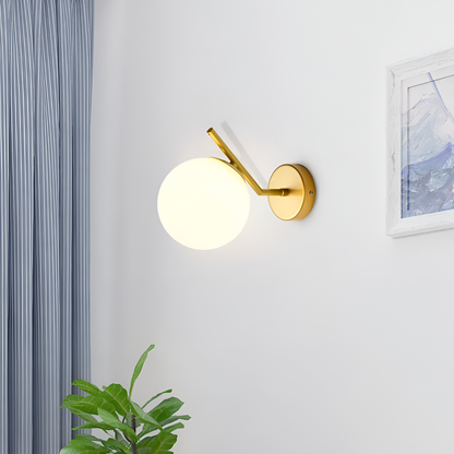 Gold Brass Finished White Glass Ball Shade Wall Lamp