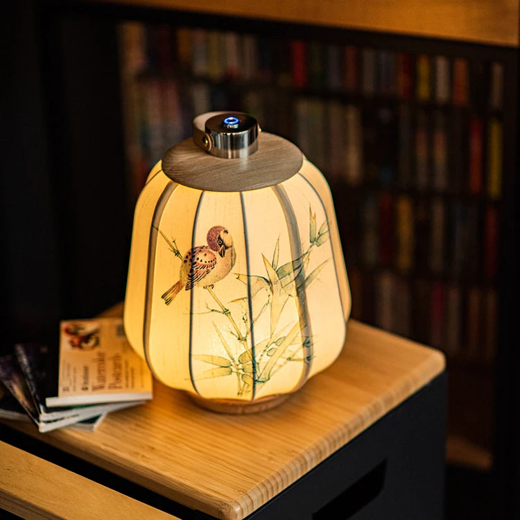 Oriental Lantern Round Solid Wood Fabric LED Table Lamp