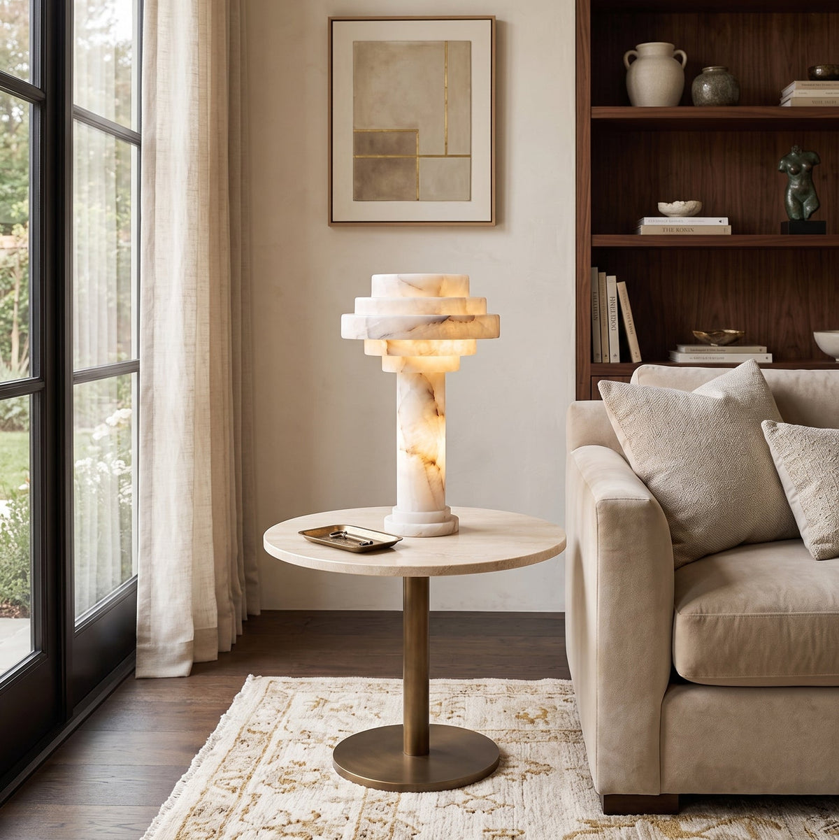Edda Japandi Alabaster Table Lamp in a living room