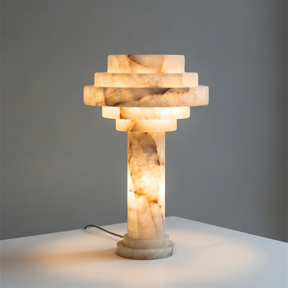 Edda Japandi Alabaster Table Lamp at dusk